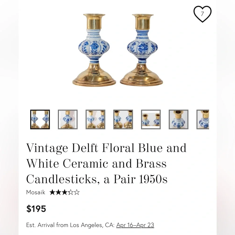 Solid Brass Delft Floral Blue White Porcelain2/  Taper 5” Candlestick Holders